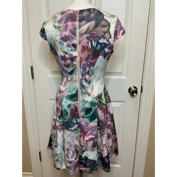 Ted Baker Green Pink Floral Fit & Flare Cap Sleeve Mah Dress, Size 2 TB | 6 US - Picture 7 of 11